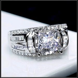 NEW 925 SILVER SQUARE CUT PRINCESS CHUNKY SIMULATED DIAMOND BAGUETTE RING